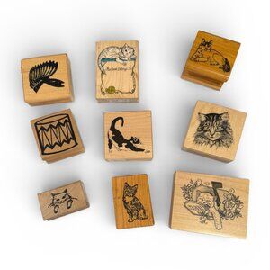 Rubber Ink Stamps - Set of 9 Variety Cats & Indian Head Dress and Drum